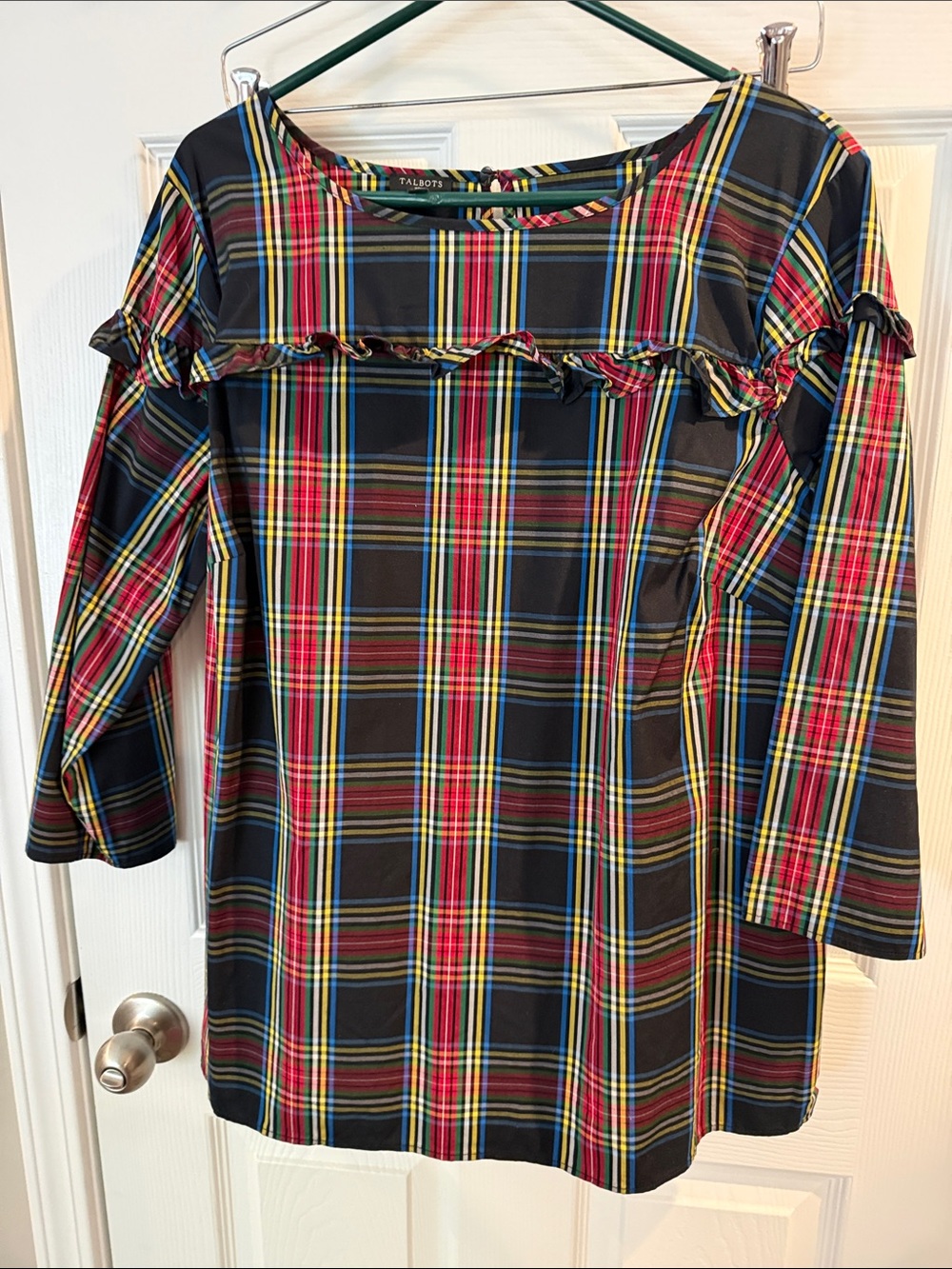 Talbots womens Black Plaid Ruffle-Yoke Dress with Red and Yellow Stripes